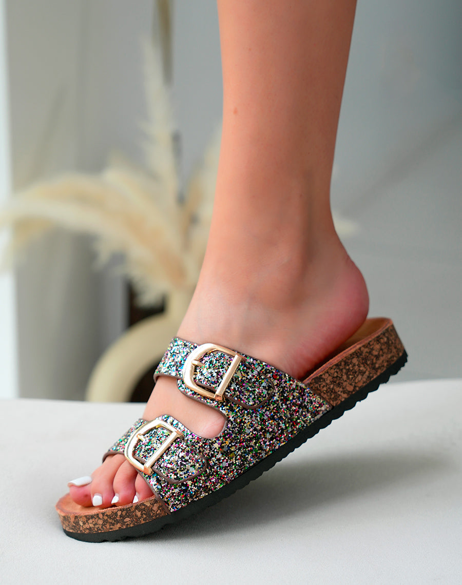 Mules Femme Noires Paillettes Multicolores et Semelle Liège Confort