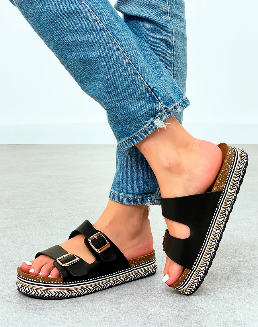 Mules Femme Noires à Plateforme et Double Sangle Tendance Été