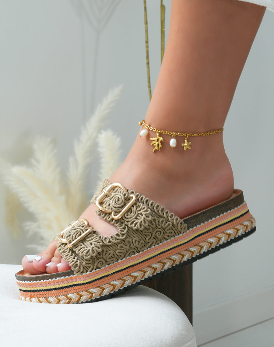 Mules femme taupe à double bride et plateforme aztèque