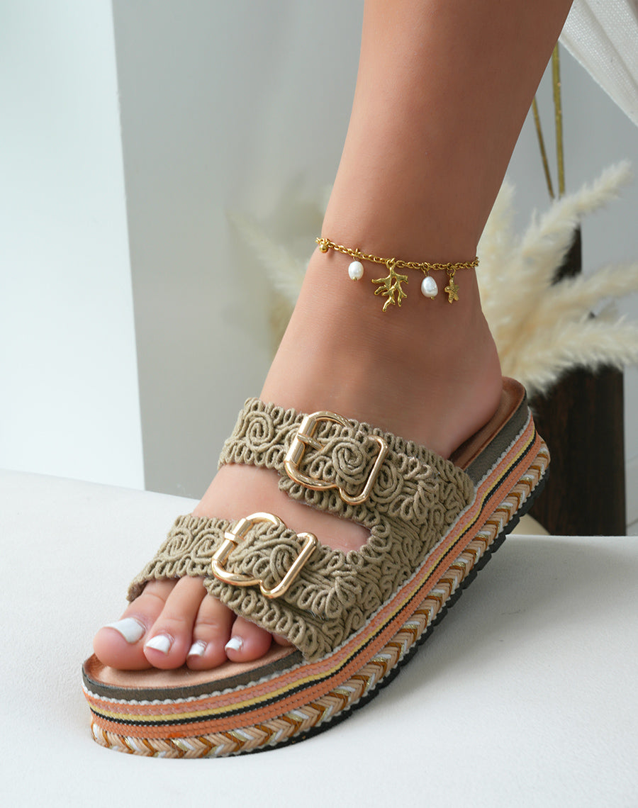 Mules femme taupe à double bride et plateforme aztèque