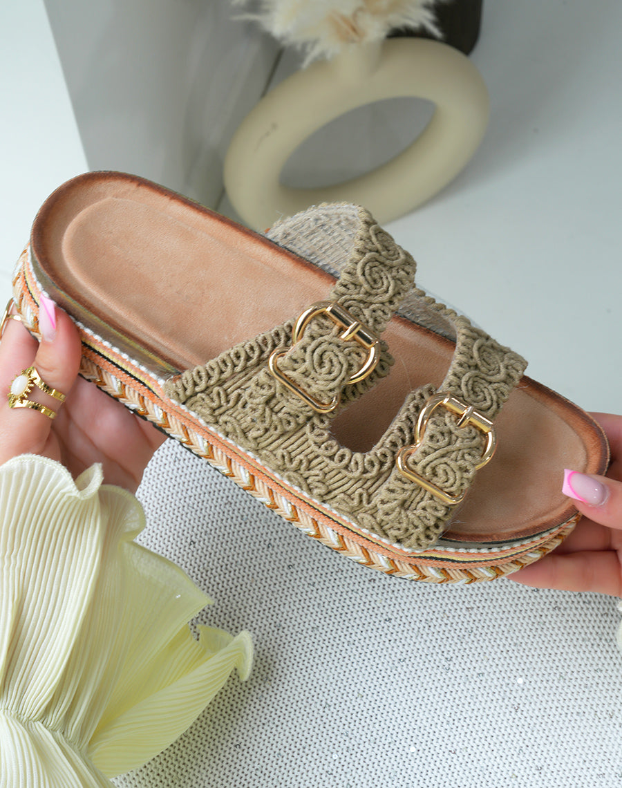 Mules femme taupe à double bride et plateforme aztèque