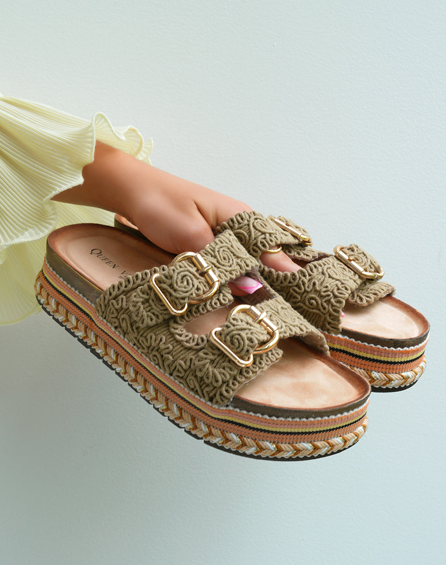 Mules femme taupe à double bride et plateforme aztèque