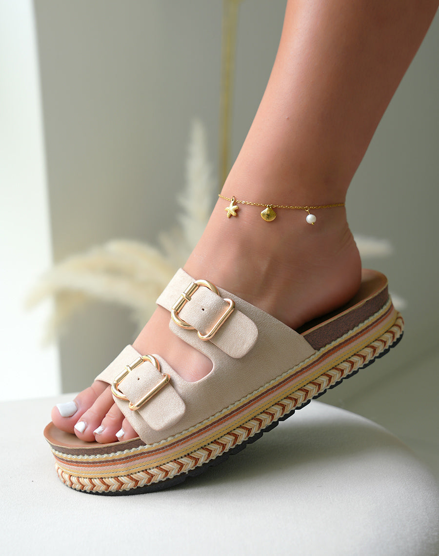 Mules femmes beiges à double sangles avec détails aztèques et plateforme épaisse