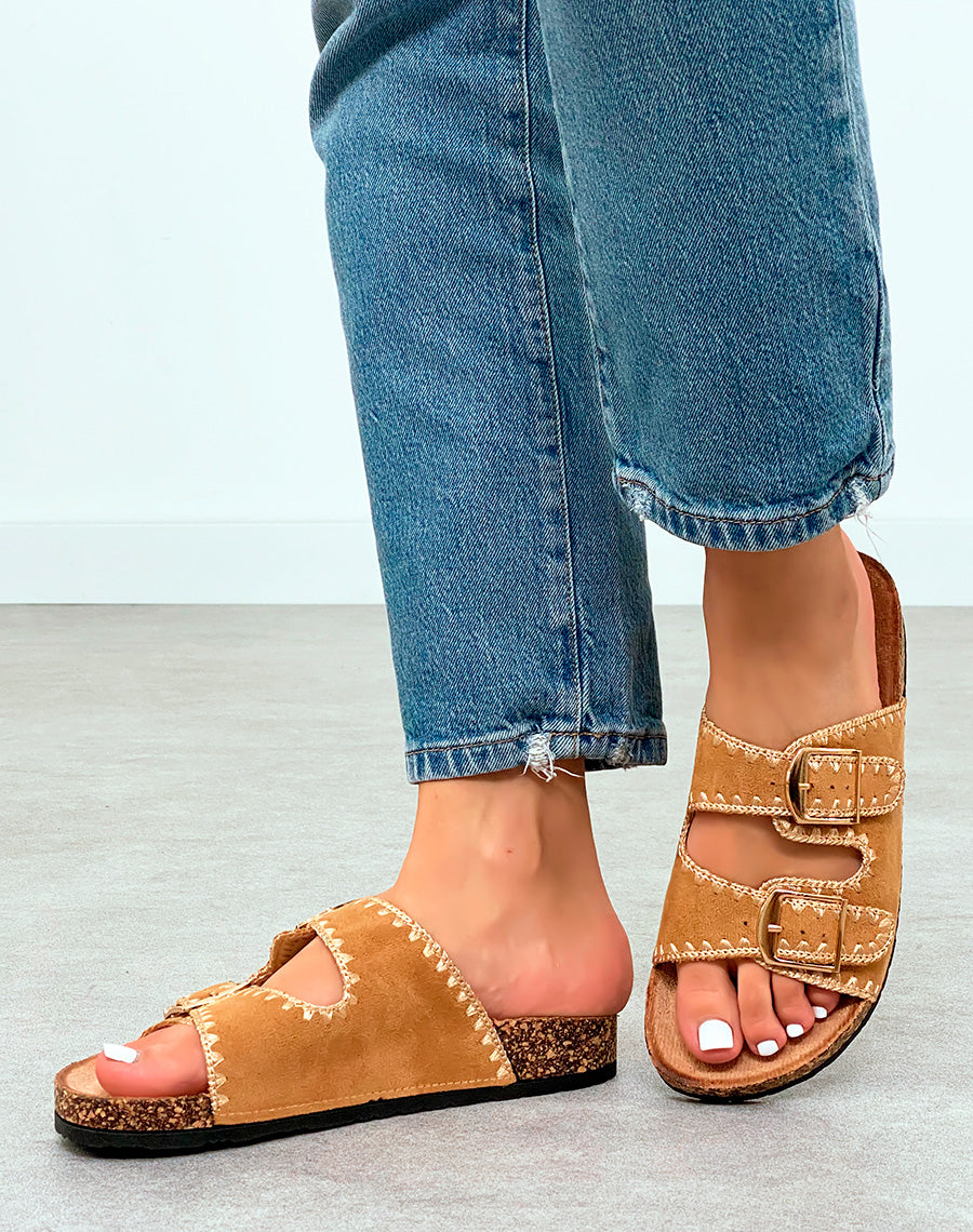 Mules femmes en suédine camel et motifs beiges à semelle épaisse marron