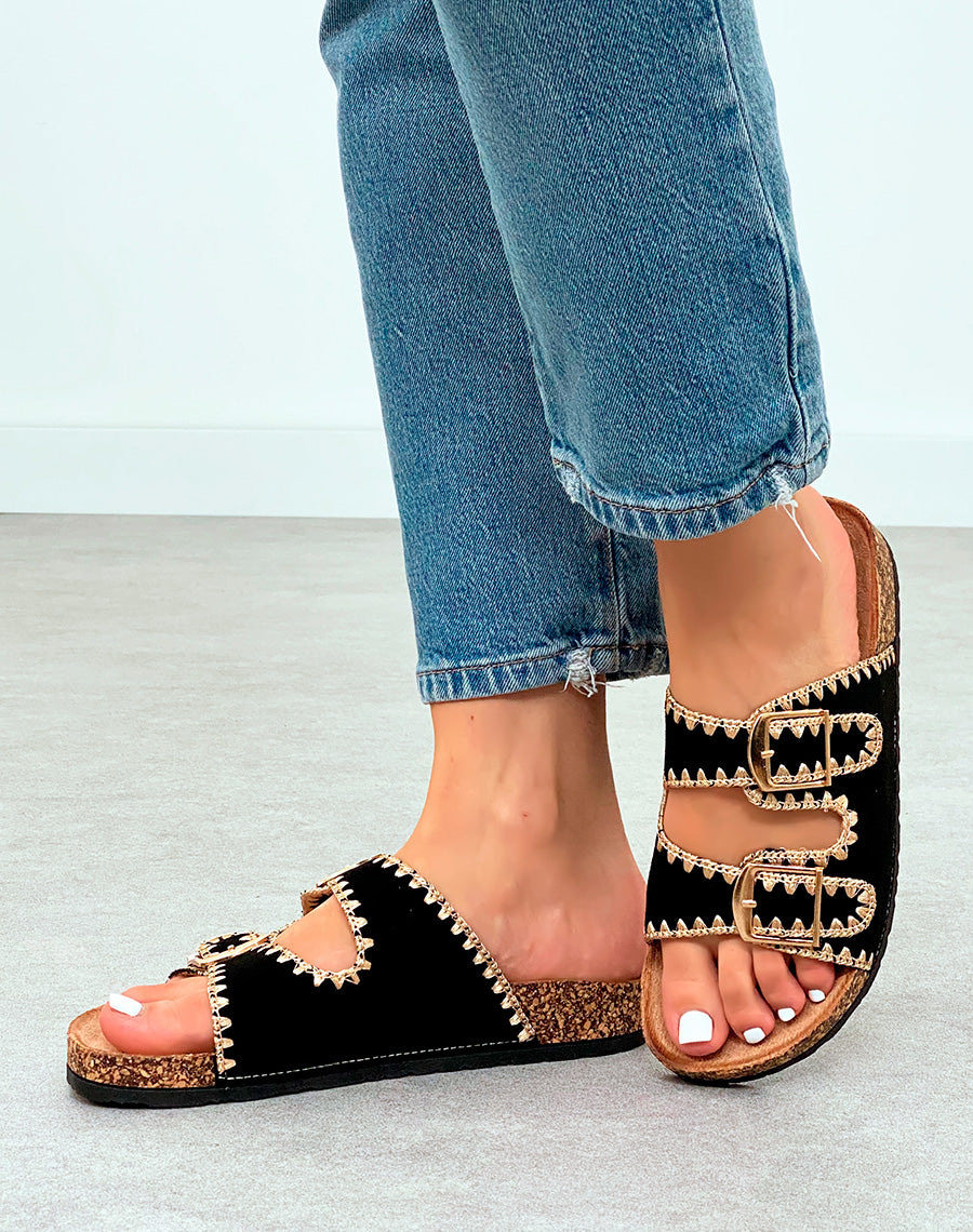 Mules femmes en suédine noires et motifs beiges à semelle épaisse marron