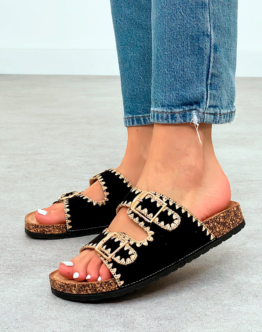 Mules femmes en suédine noires et motifs beiges à semelle épaisse marron