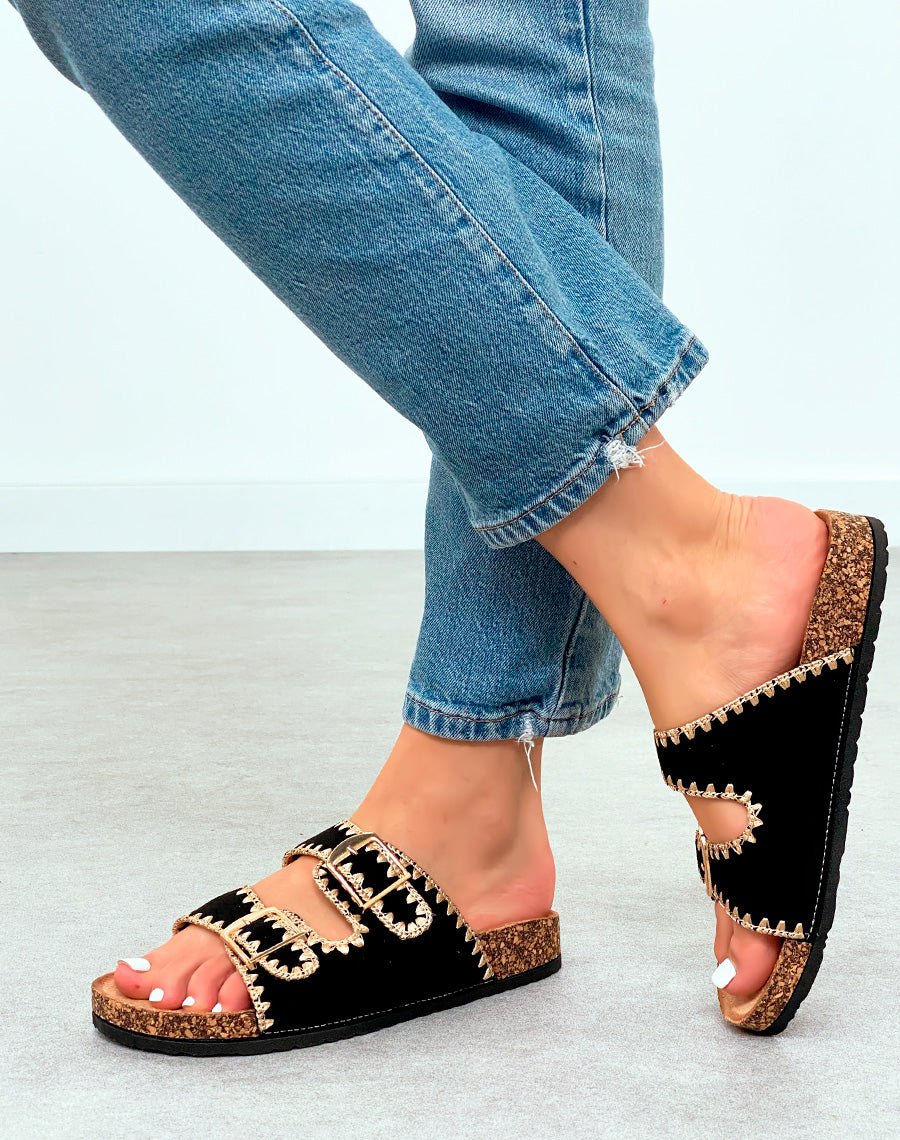 Mules femmes en suédine noires et motifs beiges à semelle épaisse marron