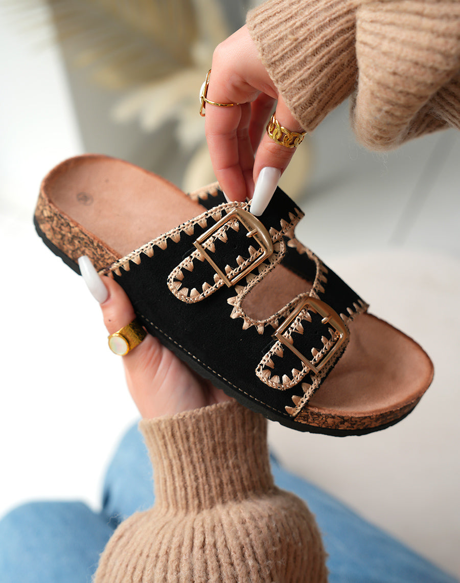 Mules femmes en suédine noires et motifs beiges à semelle épaisse marron