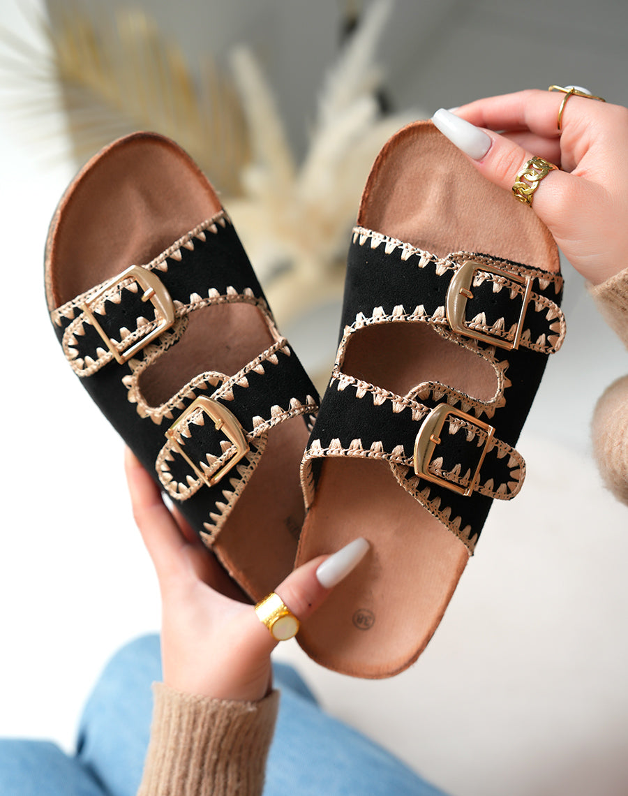 Mules femmes en suédine noires et motifs beiges à semelle épaisse marron