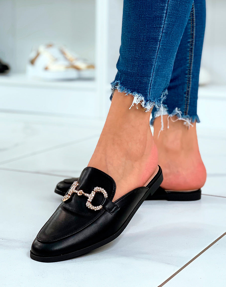 Mules mocassins noires à détails strass
