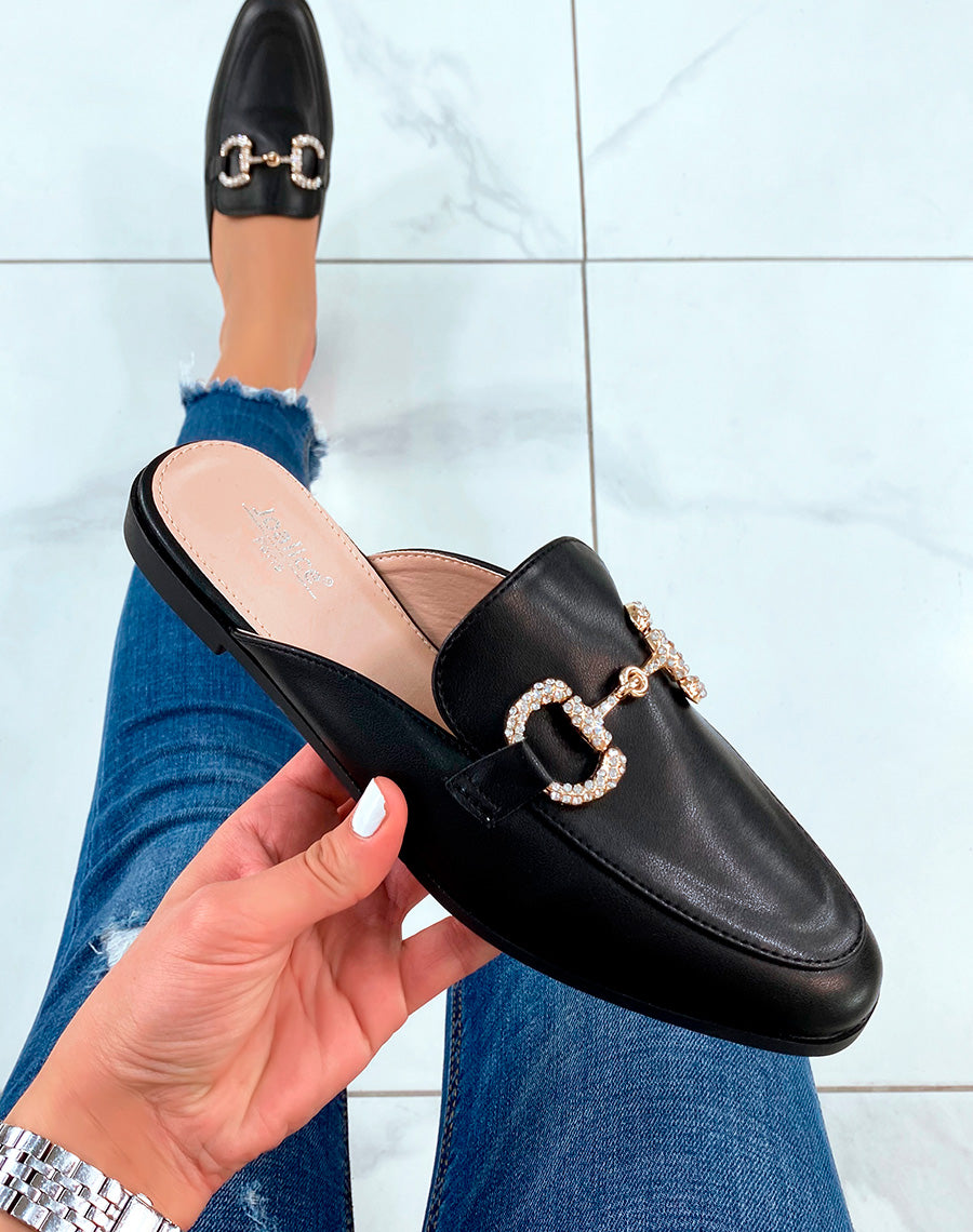 Mules mocassins noires à détails strass