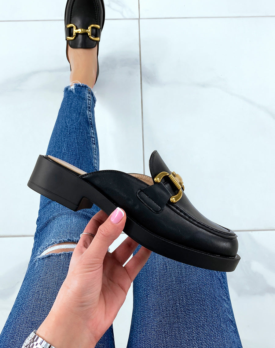 Mules mocassins noires à empiècement doré
