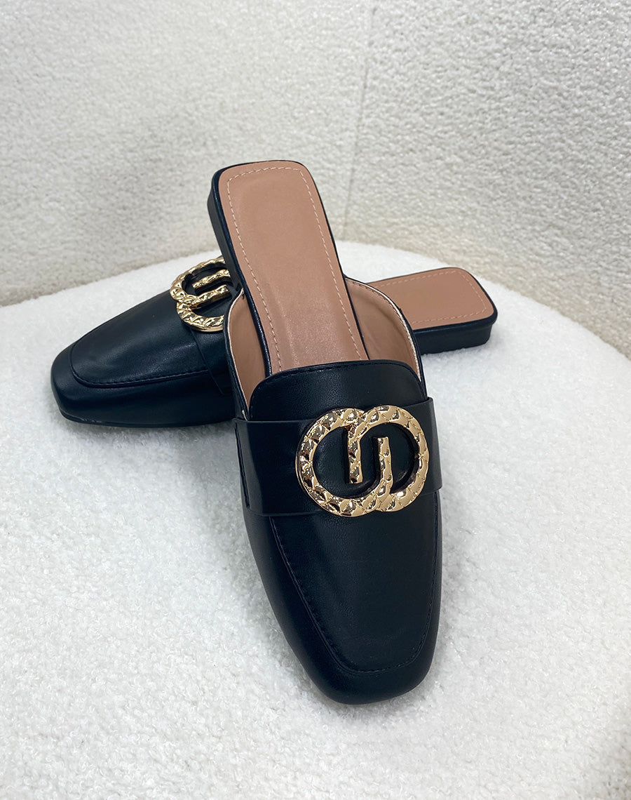 Mules mocassins noirs à bijoux doré avant