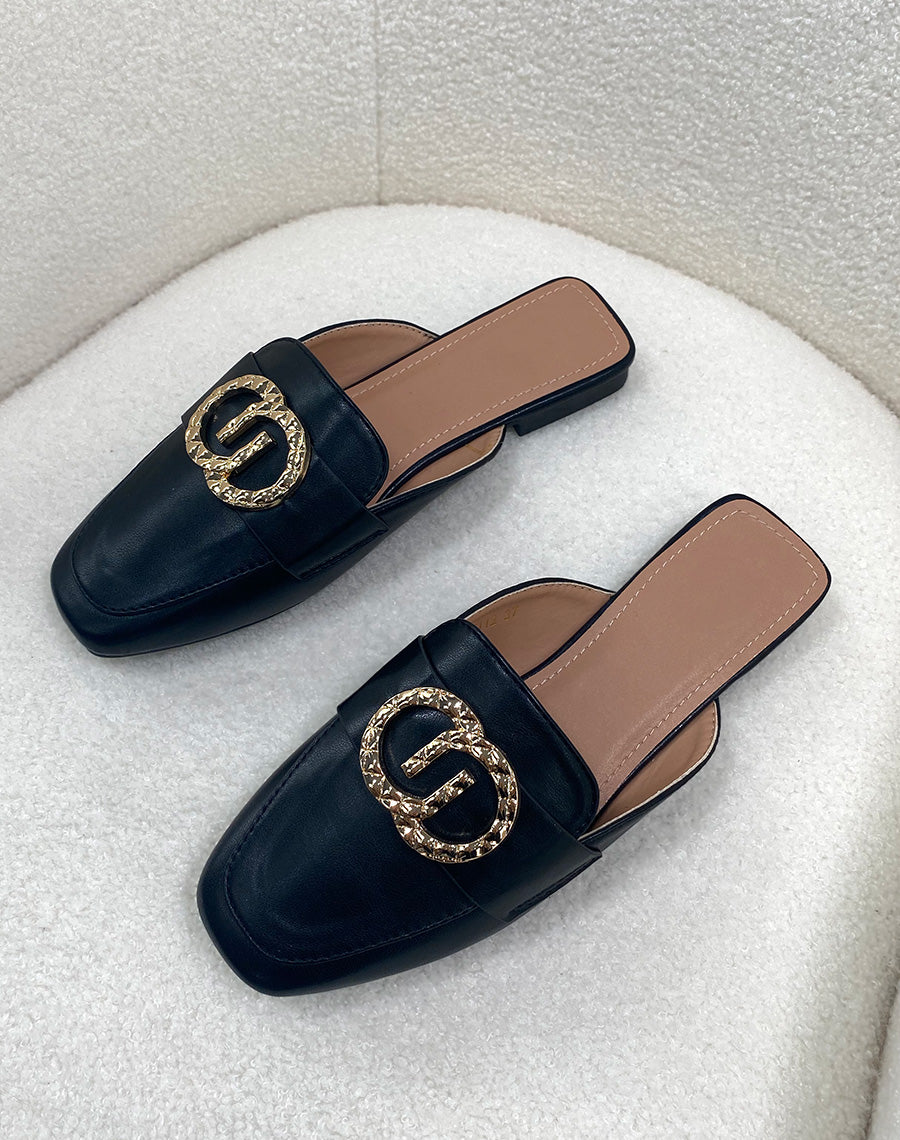 Mules mocassins noirs à bijoux doré avant