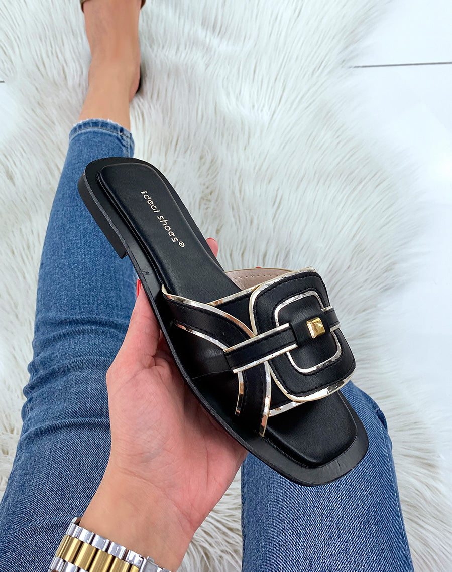 Mules noires à bride épaisse et détail doré