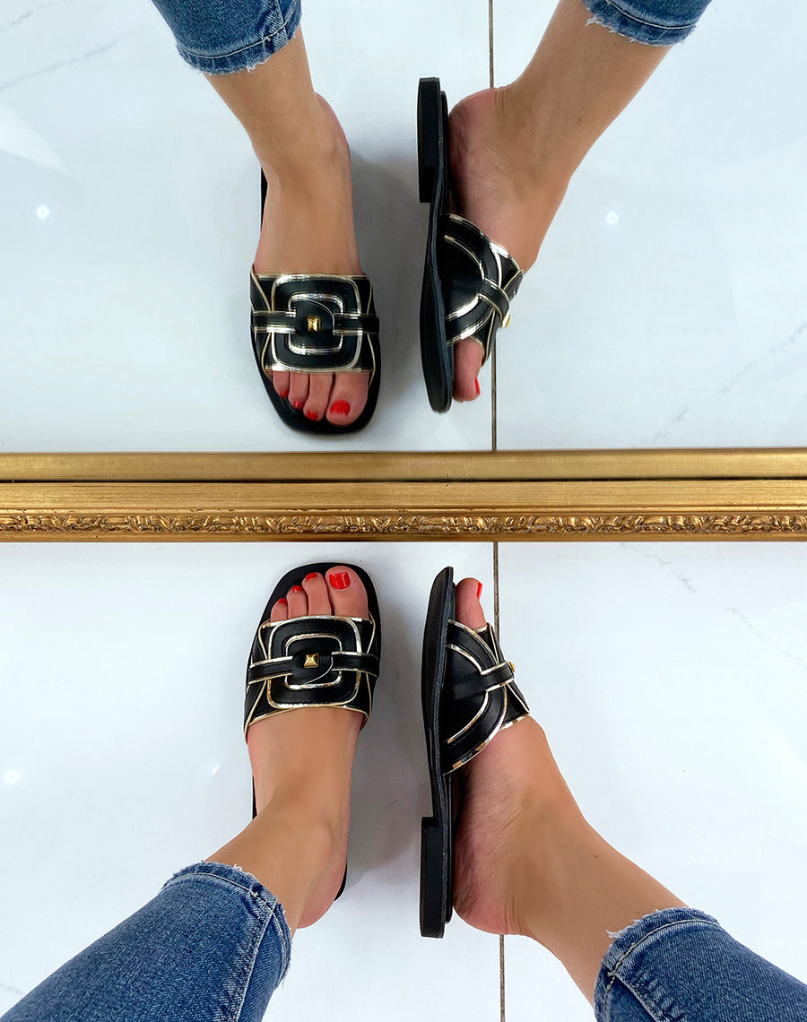 Mules noires à bride épaisse et détail doré
