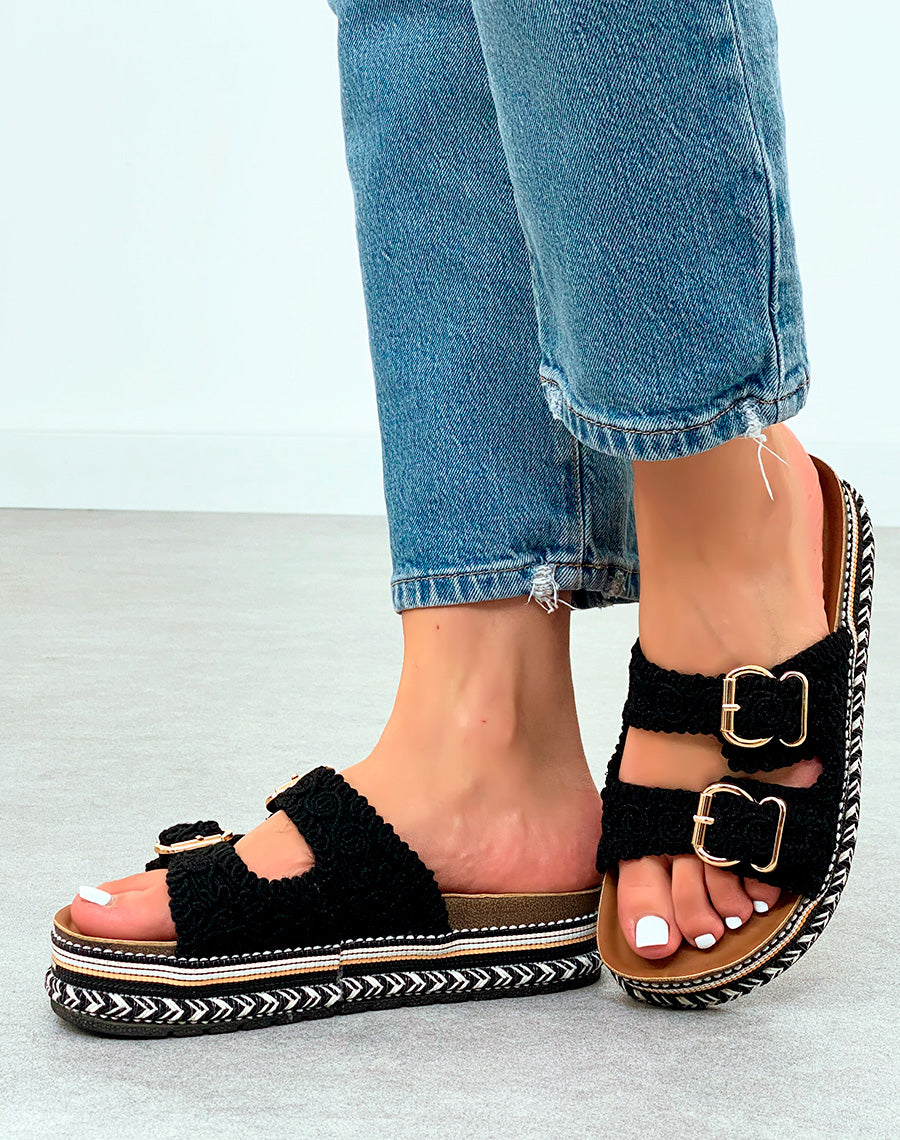 Mules Noires Brodées à Plateforme Aztèque – Tendance