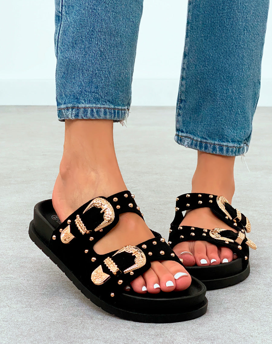 Mules Noires Cloutées à Double Sangle – Élégance Rock et Confort