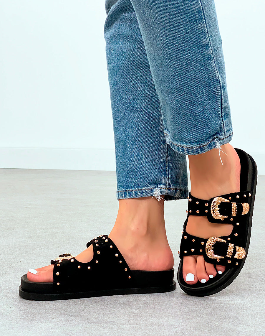 Mules Noires Cloutées à Double Sangle – Élégance Rock et Confort