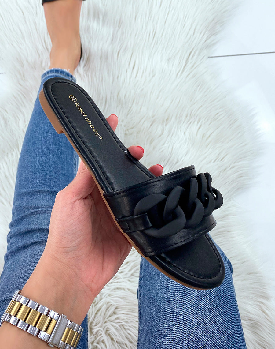 Mules noires à détail en chaine effet mat