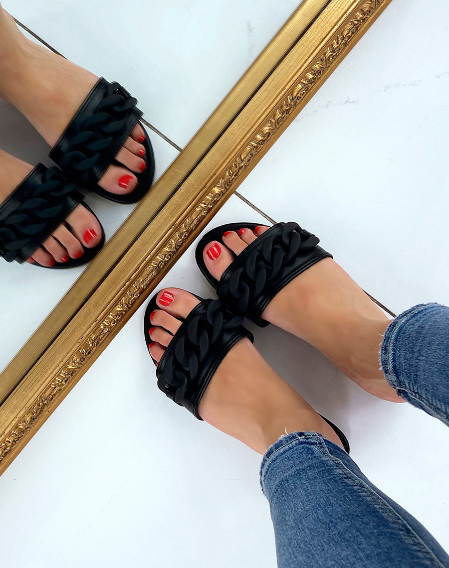 Mules noires à détail en chaine effet mat