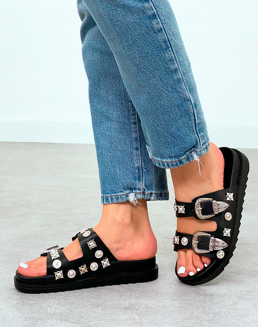 Mules noires à double brides à bijoux argentés