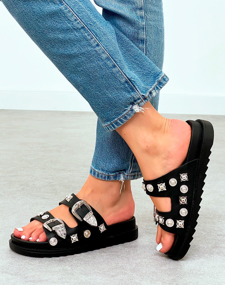 Mules noires à double brides à bijoux argentés