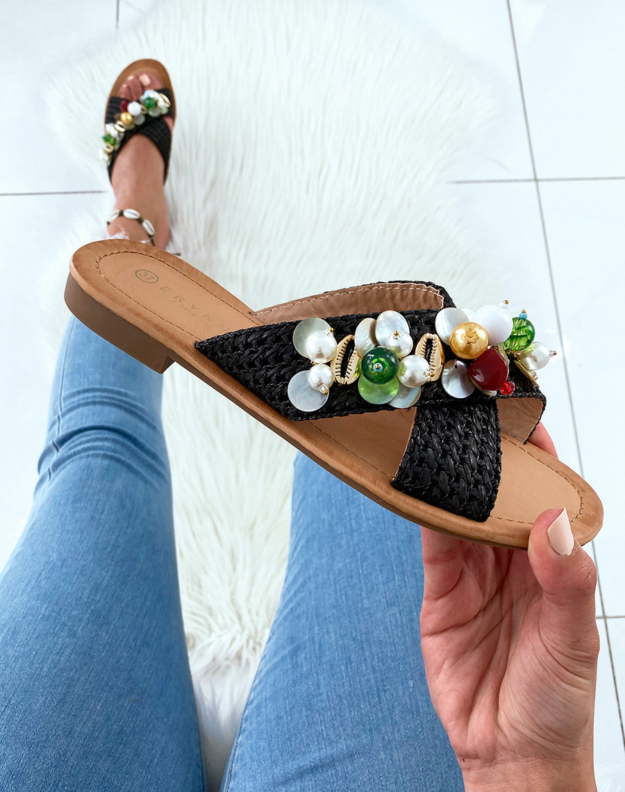 Mules noires à double brides entrecroisées ornées de bijoux