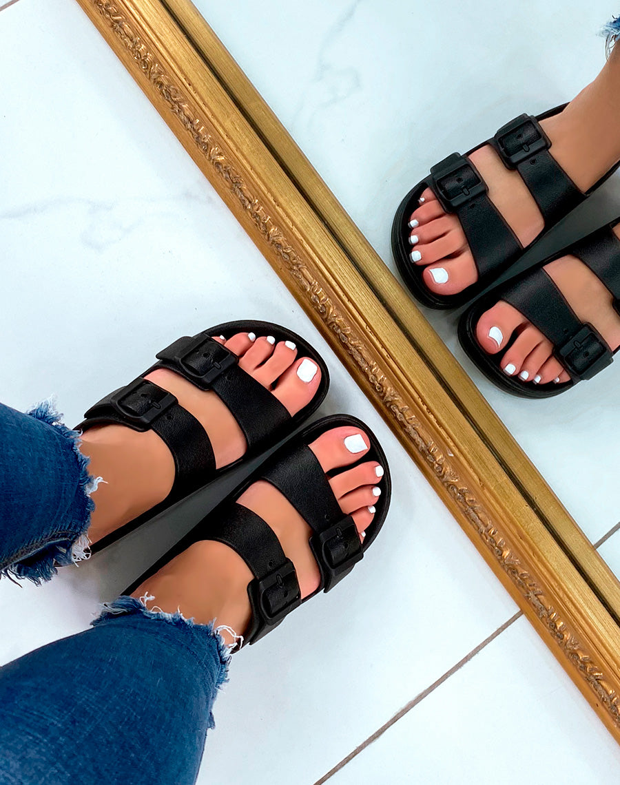 Mules noires à doubles brides ajustables