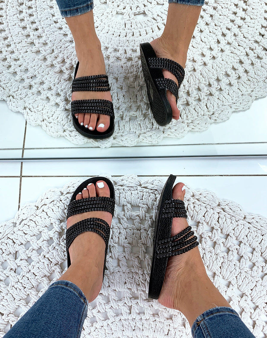Mules noires à doubles brides fantaisies