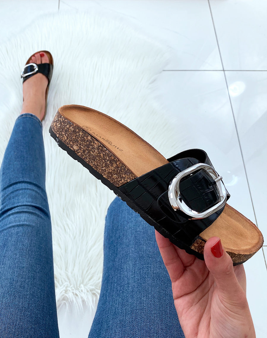 Mules noires effet croco à boucles et à semelles anatomiques
