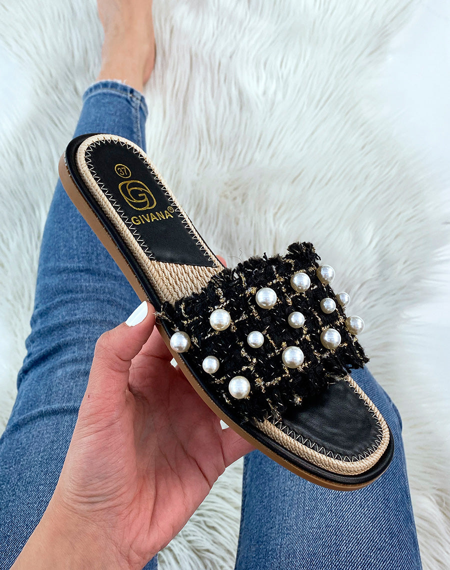 Mules noires effet tweed à perles