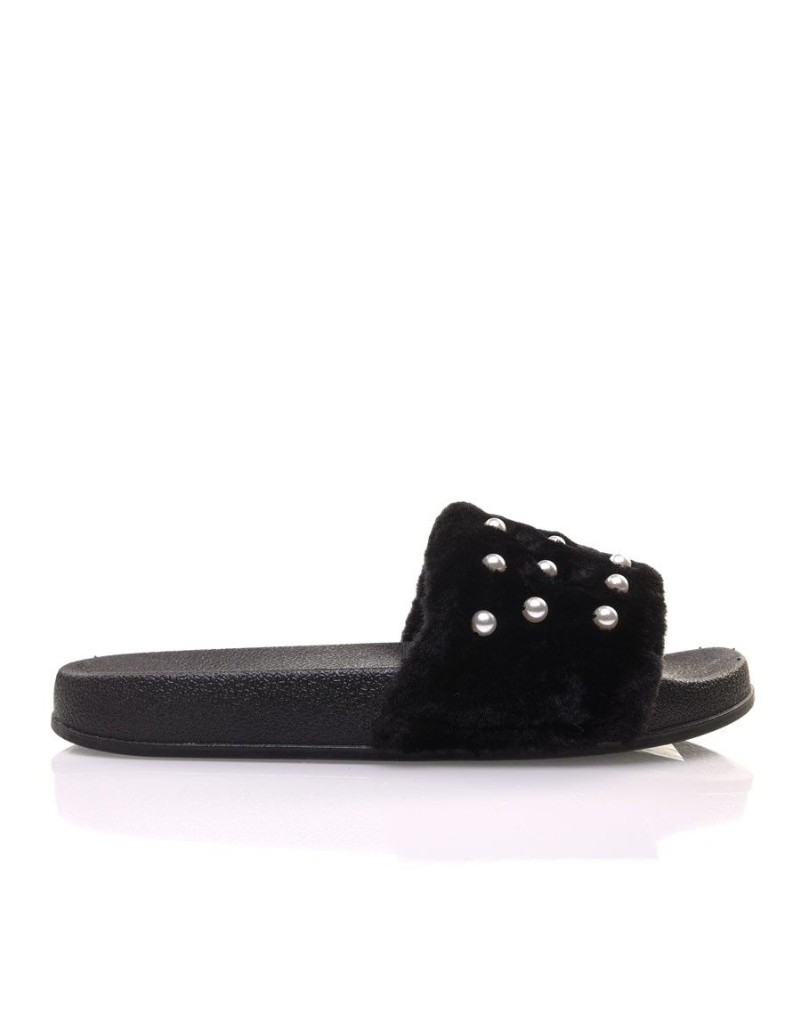 Mules noires en fausse fourrure