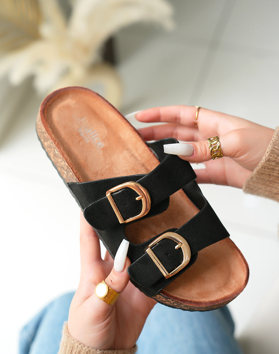 Mules Noires en Suédine avec Double Sangle et Semelle Compensée Marron – Allure Chic au Quotidien