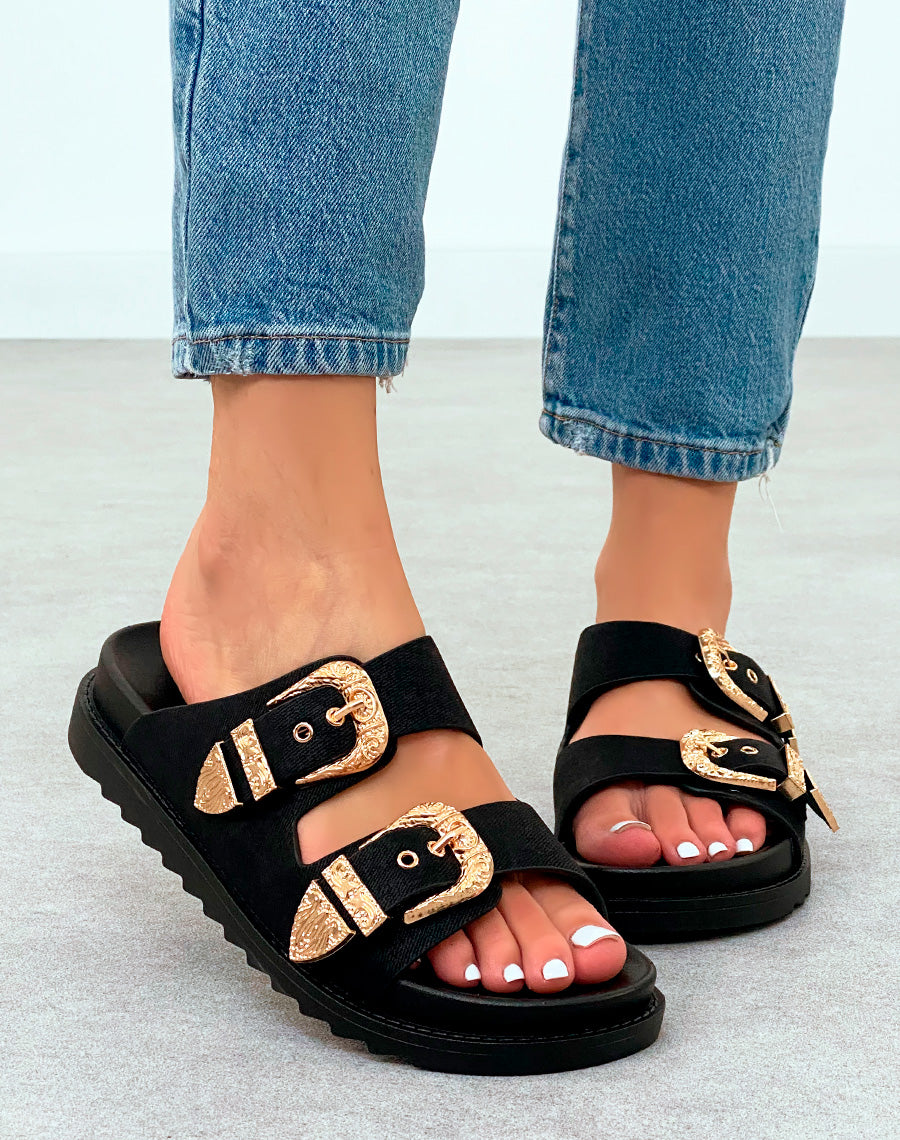 Mules Noires Élégantes avec Sangles et Boucles Dorées – Fusion de Confort et de Luxe