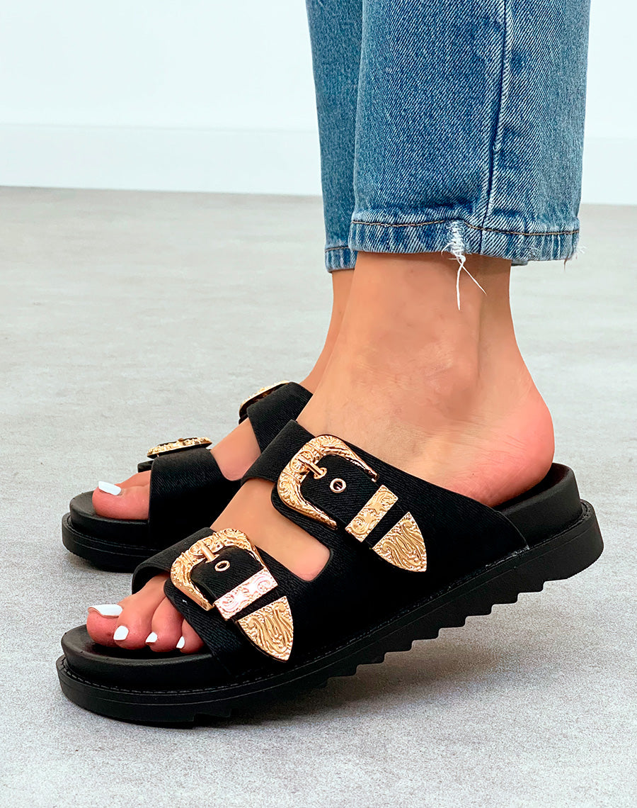 Mules Noires Élégantes avec Sangles et Boucles Dorées – Fusion de Confort et de Luxe