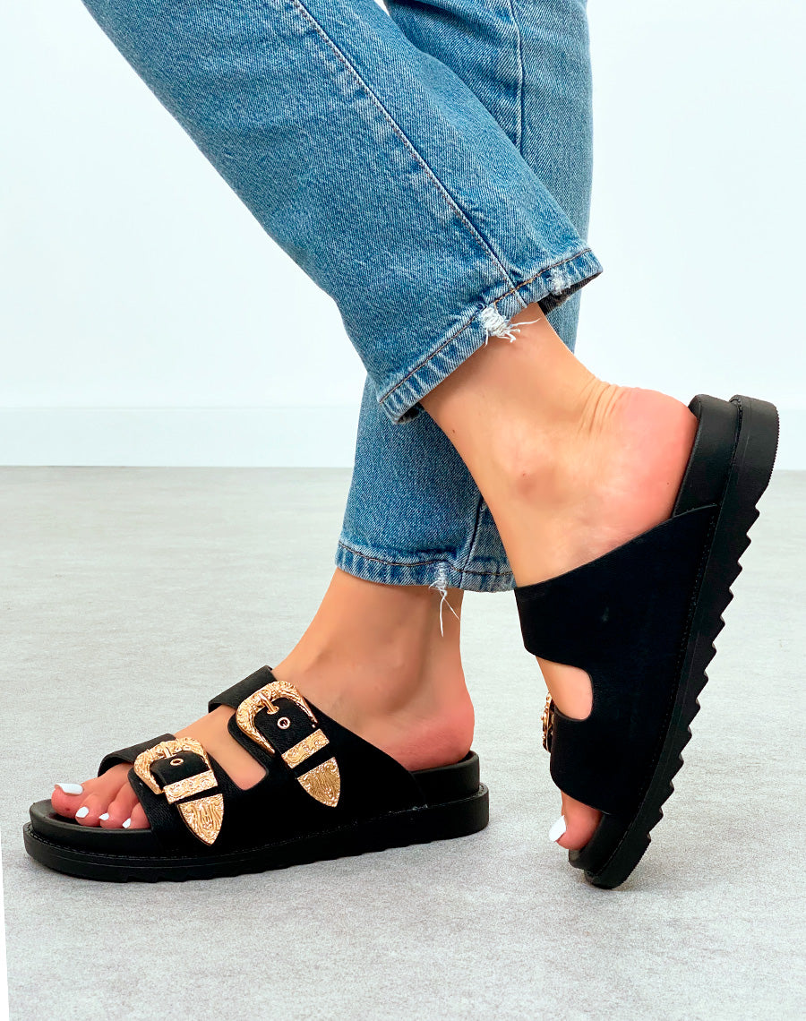 Mules Noires Élégantes avec Sangles et Boucles Dorées – Fusion de Confort et de Luxe