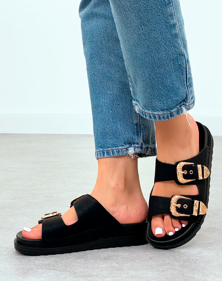 Mules Noires Élégantes avec Sangles et Boucles Dorées – Fusion de Confort et de Luxe