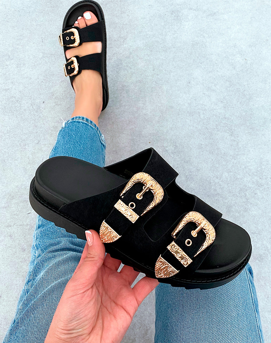 Mules Noires Élégantes avec Sangles et Boucles Dorées – Fusion de Confort et de Luxe