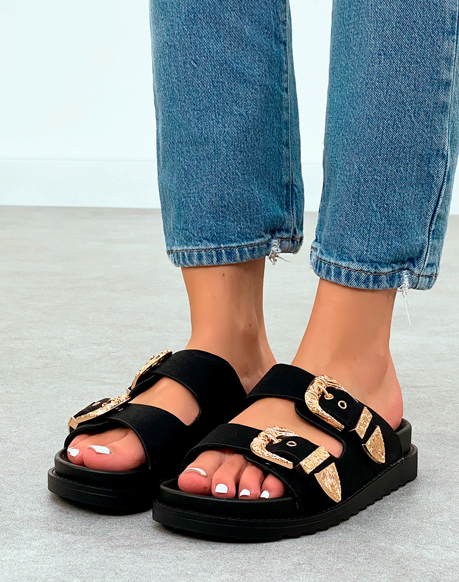 Mules Noires Élégantes avec Sangles et Boucles Dorées – Fusion de Confort et de Luxe