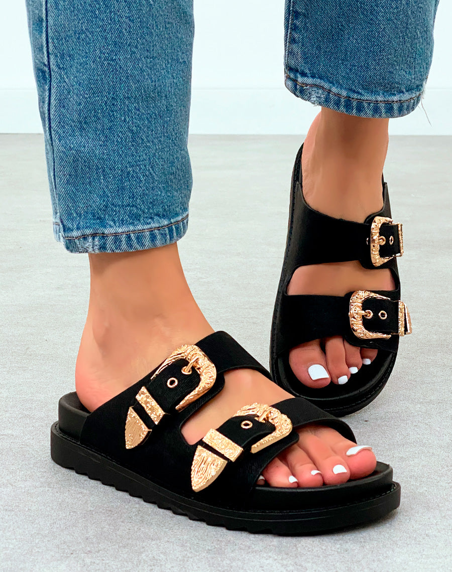 Mules Noires Élégantes avec Sangles et Boucles Dorées – Fusion de Confort et de Luxe