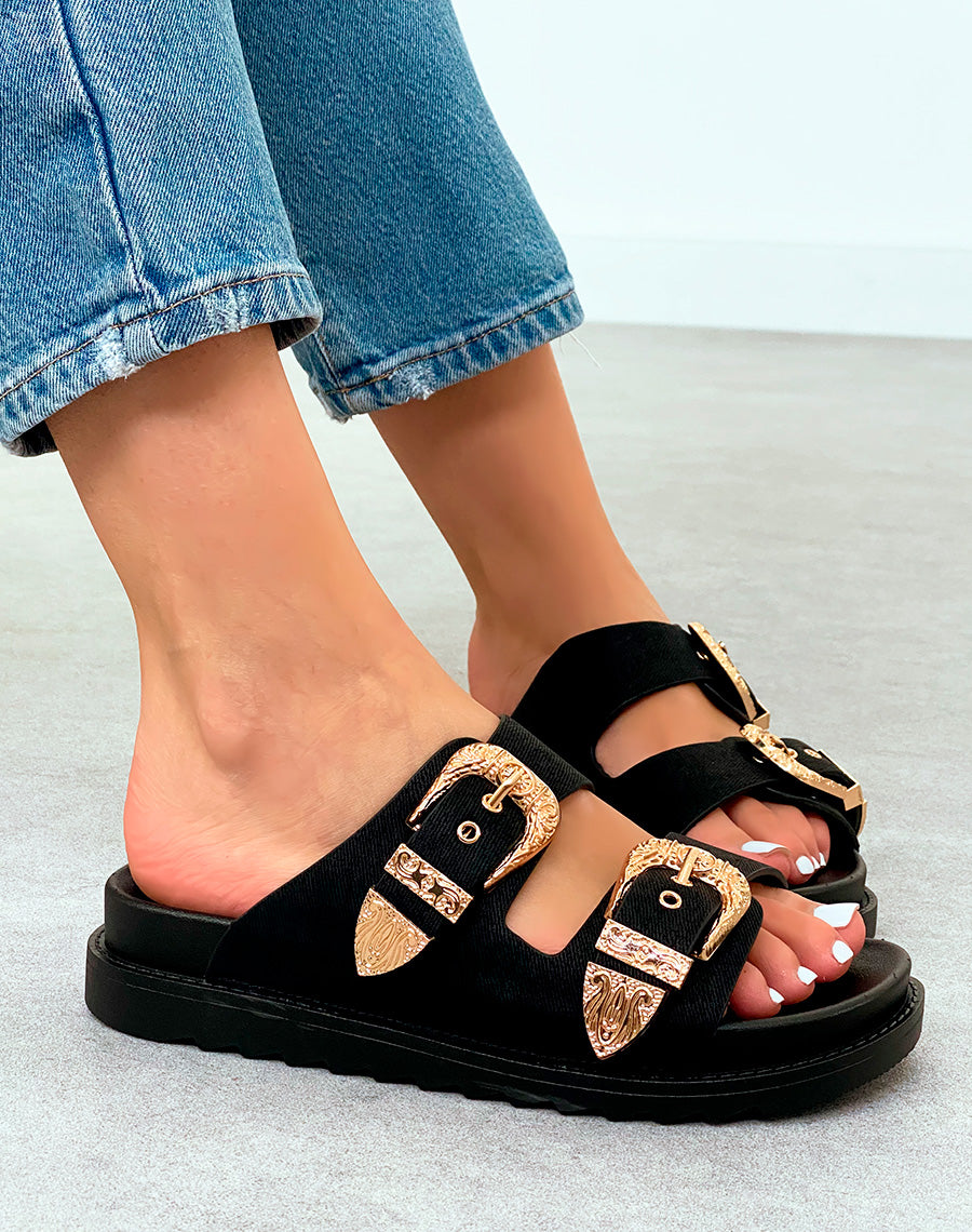 Mules Noires Élégantes avec Sangles et Boucles Dorées – Fusion de Confort et de Luxe
