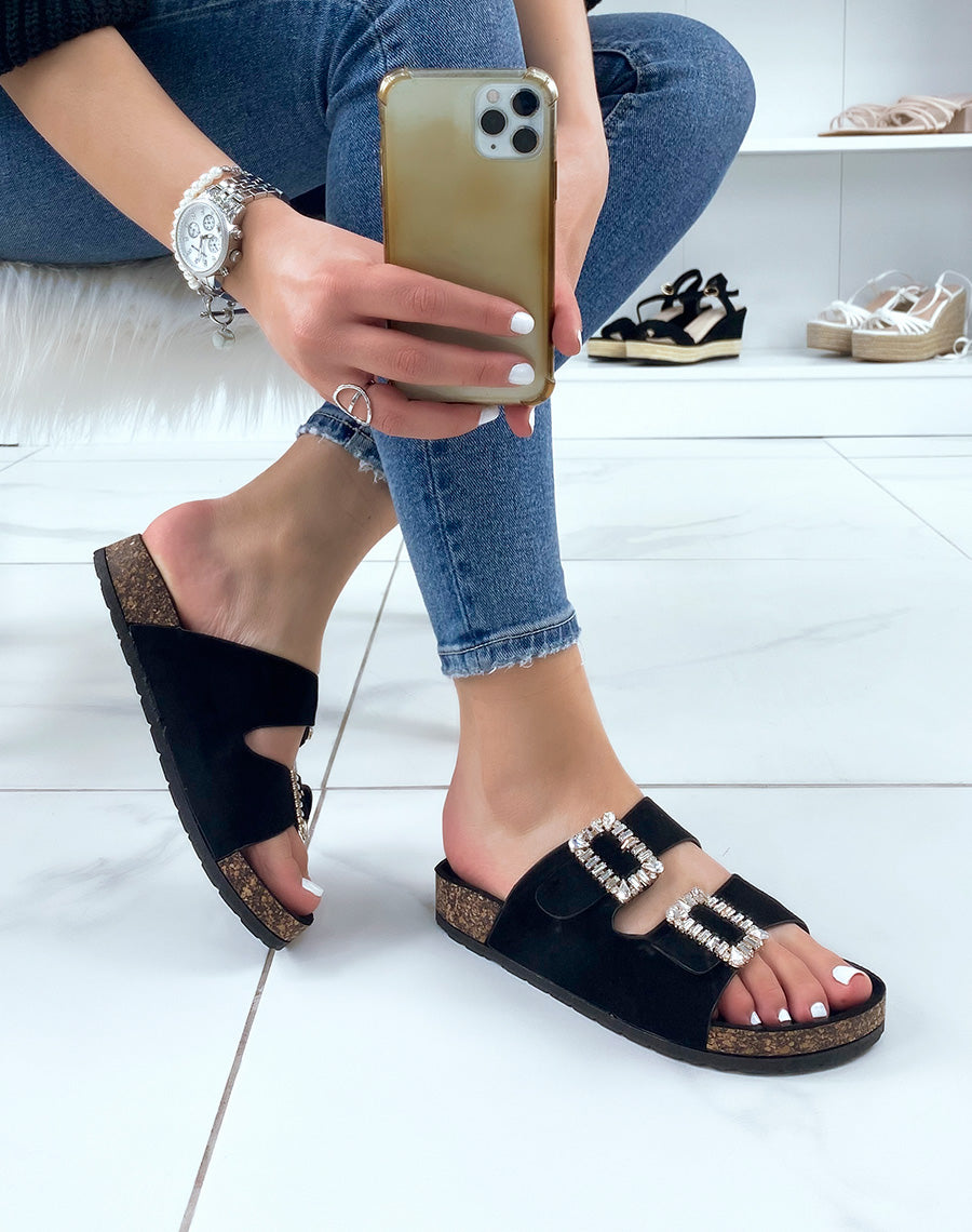 Mules noires à lanières épaisses et bijoux à strass