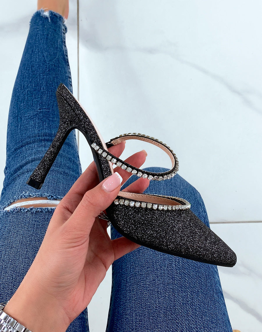 Mules noires à talon style escarpin à paillettes