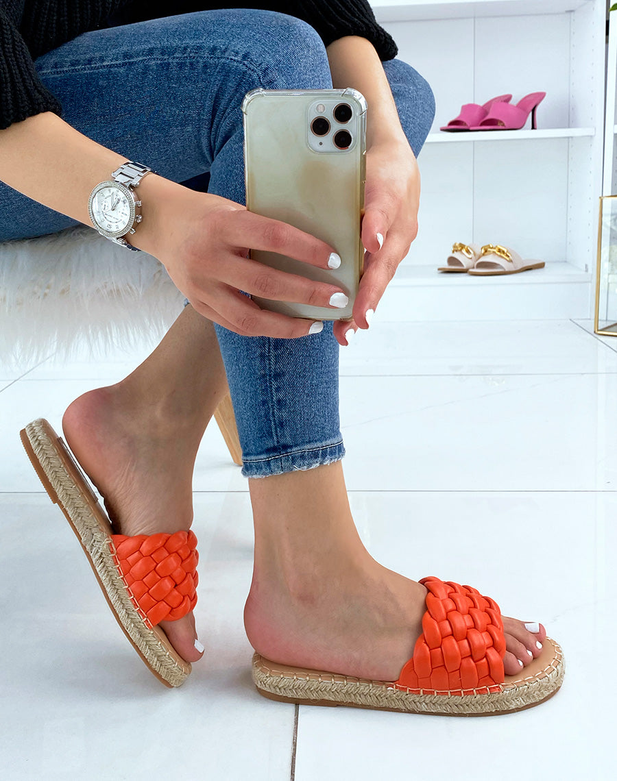 Mules oranges tressées à semelle en jute