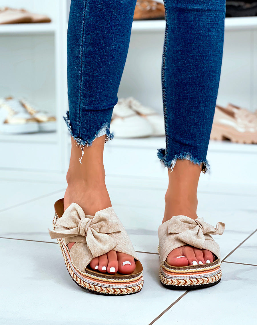 Mules à plateforme en suédine beige à gros noeud