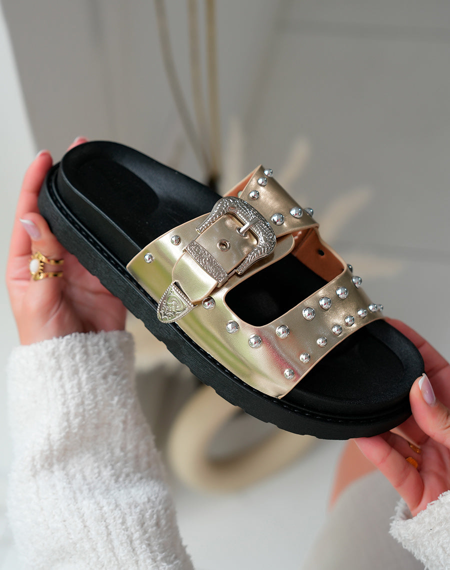 Mules Plateforme Femme Dorées Cloutées à Sangle Argentée