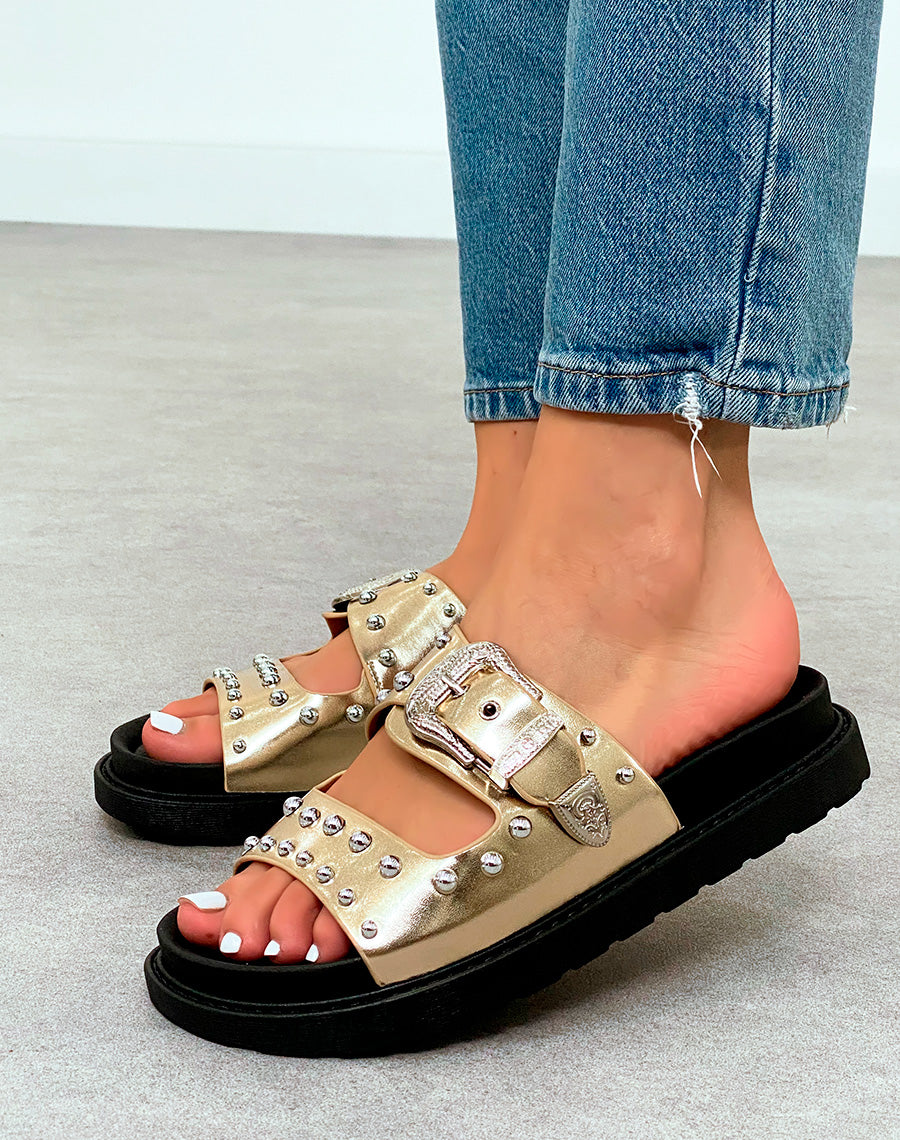 Mules Plateforme Femme Dorées Cloutées à Sangle Argentée