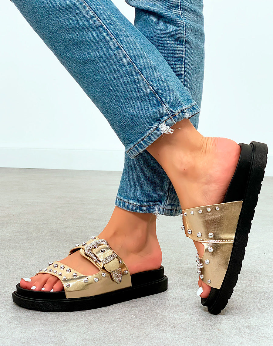 Mules Plateforme Femme Dorées Cloutées à Sangle Argentée