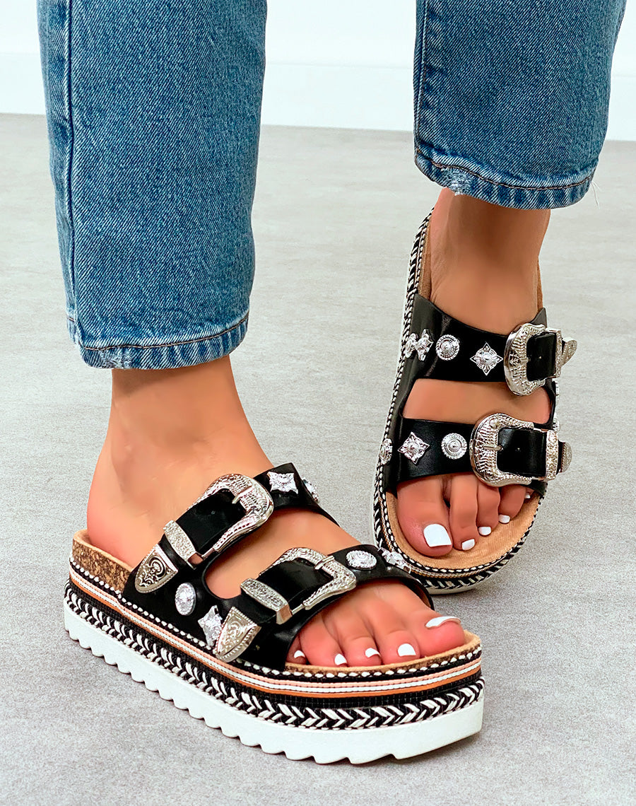 Mules Plateforme Femme Noires Bijoux Argentés et Tissage Ethnique